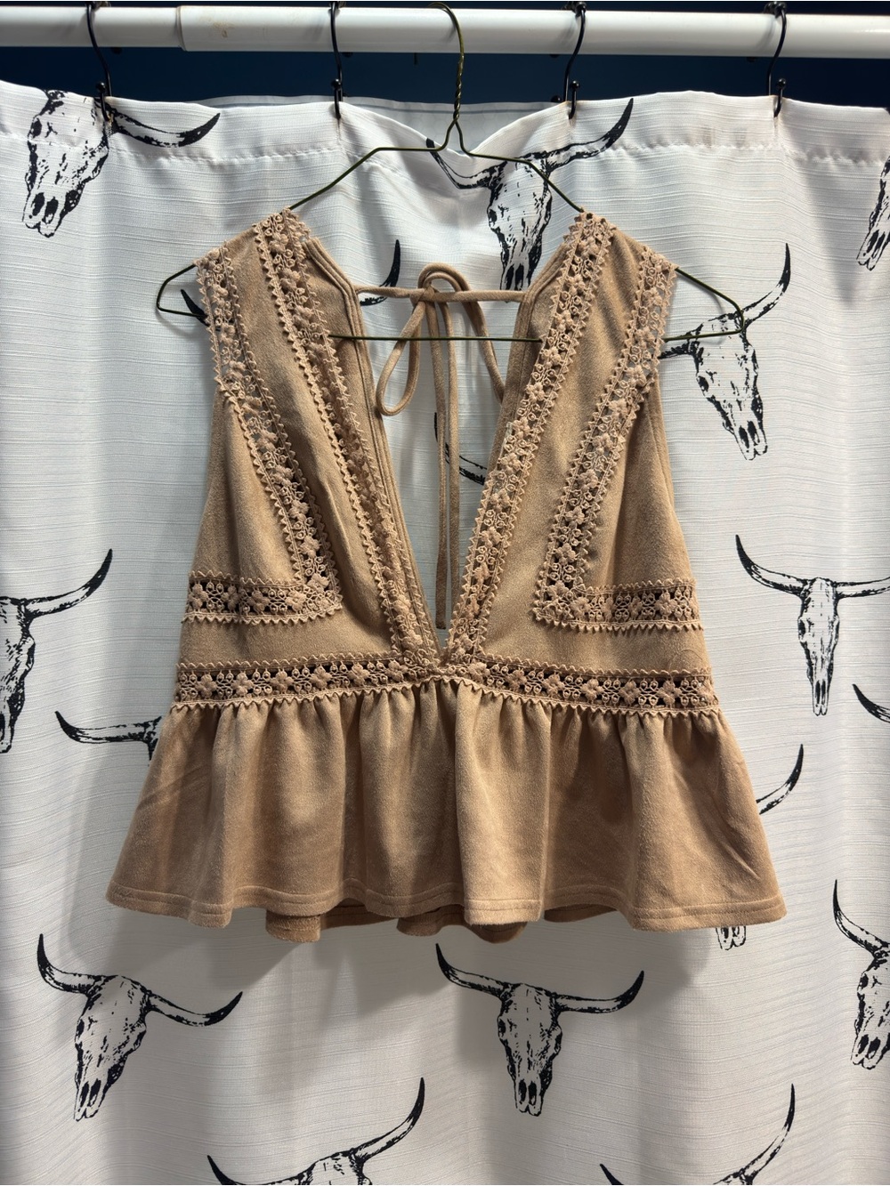 ILLA ILLA Tan Crochet-Trim Peplum Tie-Back Camisole